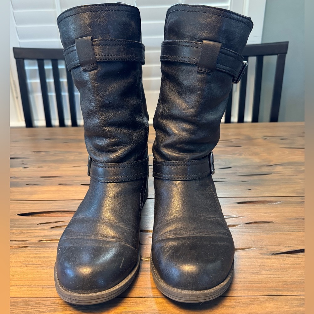 Black Women's Mid-Calf Leather Moto Boots